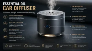 Close-up infographic showing premium features and compact design of an essential oil car diffuser