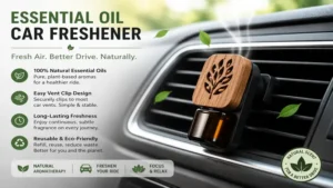 essential oil car freshener vent clip with reusable wooden diffuser inside a clean car interior