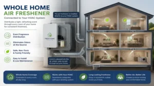 Whole home air freshener connected to HVAC system for even fragrance distribution throughout the house