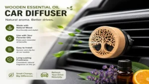 wooden essential oil car air freshener diffuser clipped to a car vent for natural aromatherapy and long-lasting freshness