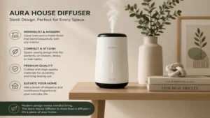 Aura house diffuser with sleek design placed on a contemporary home shelf