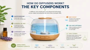 how do diffusers work with water reservoir, essential oil tray, ultrasonic plate, and mist outlet