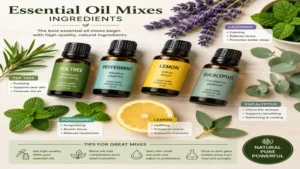 Essential oil mixes ingredients including lavender, peppermint, lemon, tea tree, and eucalyptus oils arranged for blending