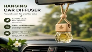 Wooden hanging car diffuser bottle suspended from a rearview mirror with natural essential oil fragrance
