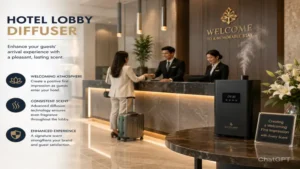 Professional hotel lobby diffuser placed near the reception area to create a pleasant arrival experience for guests