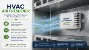 hvac air freshener installed inside an HVAC ventilation system for fresher indoor air
