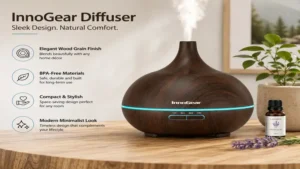 Sleek wood grain innogear diffuser design displayed on a tabletop