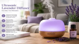 lavender diffuser creating a relaxing atmosphere in a bright and stylish living room