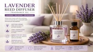 lavender reed diffuser fragrance oil creating a calming and relaxing atmosphere in a modern living room