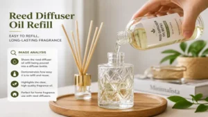 reed diffuser oil refill being poured into a decorative glass diffuser bottle for continuous fragrance diffusion