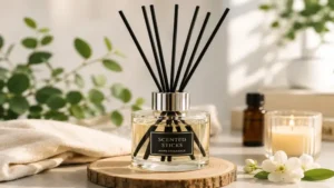 Close-up of scented sticks in a reed diffuser surrounded by candles and natural botanical elements