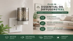 Compact plug in essential oil diffusersteel plugged into a wall outlet in a living room