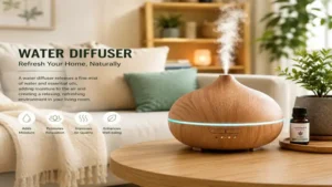 water diffuser operating on a table in a cozy living room to add moisture and create a relaxing atmosphere