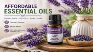Affordable essential oils including lavender oil for calming aromatherapy and stress relief