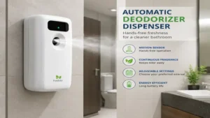 Automatic deodorizer dispenser installed on a bathroom wall for hands-free fragrance release