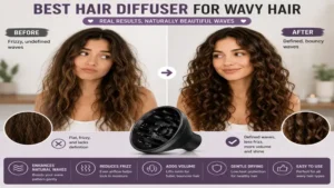 Best hair diffuser for wavy hair showing before and after results with enhanced wave definition and reduced frizz.