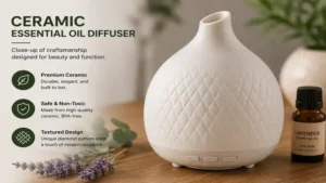 Close-up of a ceramic essential oil diffuser showcasing its premium ceramic texture and minimalist design.