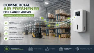 Commercial air freshener for large areas operating efficiently inside a large industrial warehouse with reliable odor control.