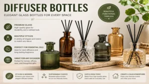 Diffuser bottles made of clear and amber glass for stylish home fragrance displays.