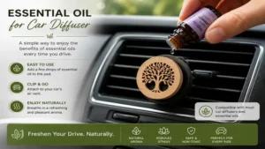 Essential oil for car placed inside a compact car diffuser attached to an air vent for continuous fragrance.