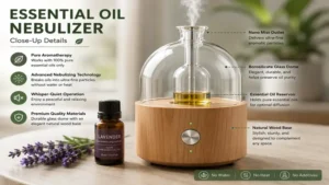 Close-up of an essential oil nebulizer with a glass reservoir and wooden base