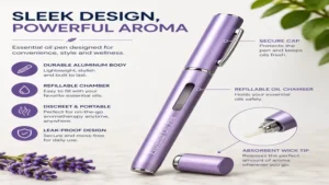 Sleek essential oil pen design with a compact refillable aromatherapy chamber.