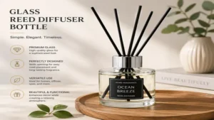 Clear glass reed diffuser bottle designed for home fragrance and decorative use.
