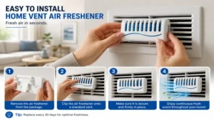 Installing a home vent air freshener onto a residential air vent in a living room.