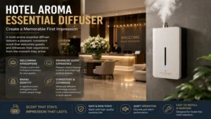 Hotel aroma essential diffuser enhancing the guest experience with a welcoming fragrance in the hotel lobby.