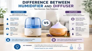 Difference between humidifier and diffuser based on their primary functions for moisture and fragrance