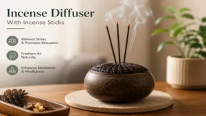 Traditional incense diffuser with incense sticks releasing fragrant smoke for a calming indoor environment.