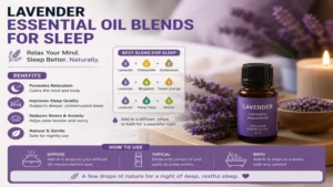 Lavender-based essential oil blends for sleep promoting relaxation and deeper, more restful sleep.