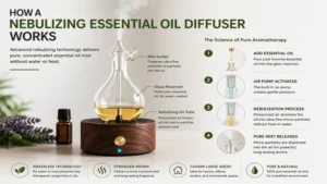 Diagram showing how a nebulizing essential oil diffuser atomizes essential oils without using water or heat.
