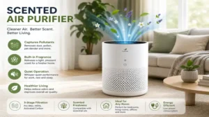 scented air purifier operating in a bright home to remove airborne particles while releasing a refreshing scent.