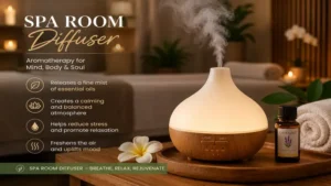 spa room diffuser releasing a fine mist of essential oils during an aromatherapy session.