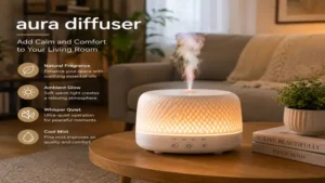 Aura diffuser adding a relaxing fragrance to a cozy living room