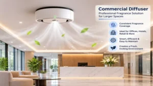 Ceiling-mounted commercial diffuser system providing even fragrance distribution throughout a commercial building.