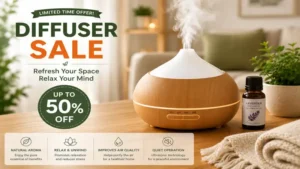 diffuser sale with a modern aromatherapy diffuser displayed in a cozy home setting