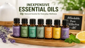 Inexpensive essential oils for aromatherapy displayed in glass bottles