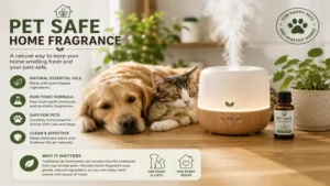 Pet safe home fragrance diffuser using natural essential oils that are suitable for homes with pets.