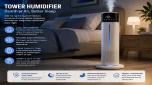 Tower humidifier in a bedroom creating balanced humidity for a comfortable night's sleep