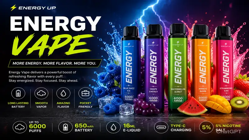 energy vape featured image with colorful disposable vape devices and bold neon design