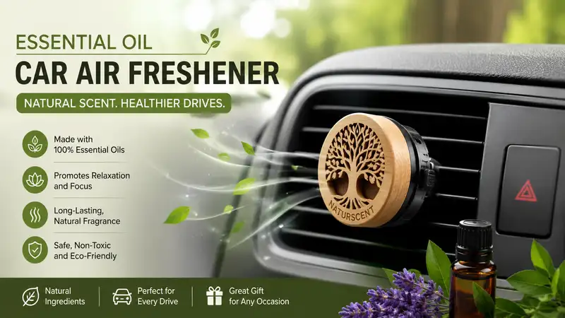 essential oil car air freshener attached to a vehicle air vent, providing a natural scent and healthier driving experience