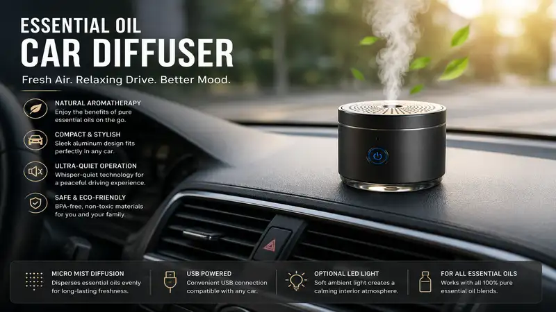 Modern essential oil car diffuser placed on a vehicle dashboard with soft ambient lighting and relaxing aromatherapy atmosphere