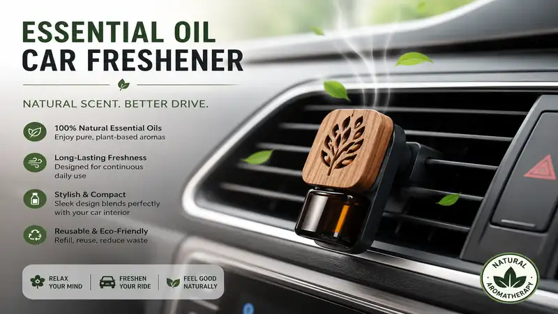 essential oil car freshener clipped to a modern car vent with natural aromatherapy scent