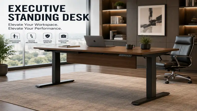 executive standing desk in a modern office workspace with ergonomic and premium design