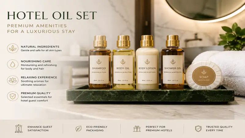 hotel oil set with premium toiletries and spa-inspired amenities in a luxury hotel bathroom