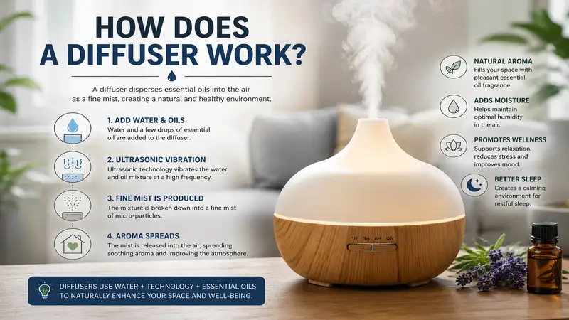 how does a diffuser work with essential oils creating fine mist in a modern home