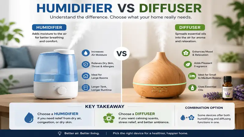humidifier vs diffuser comparison showing moisture output and essential oil mist in a modern home
