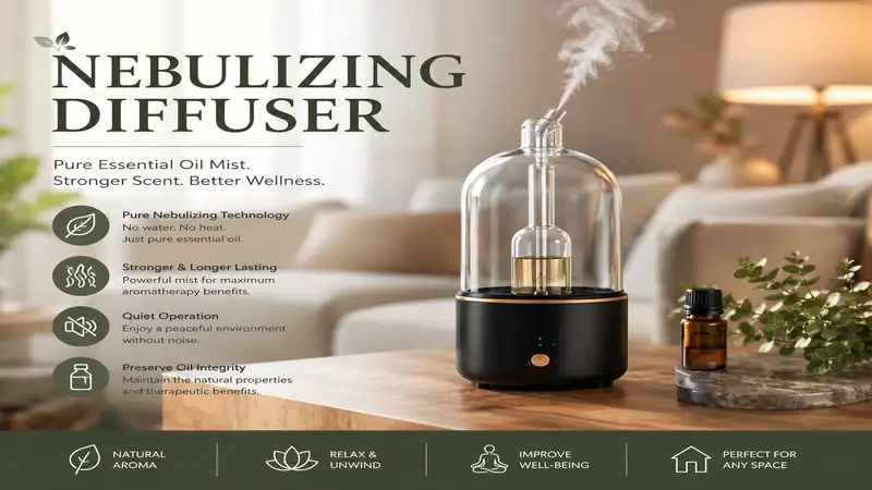 nebulizing diffuser in a modern home with pure essential oil mist for relaxation